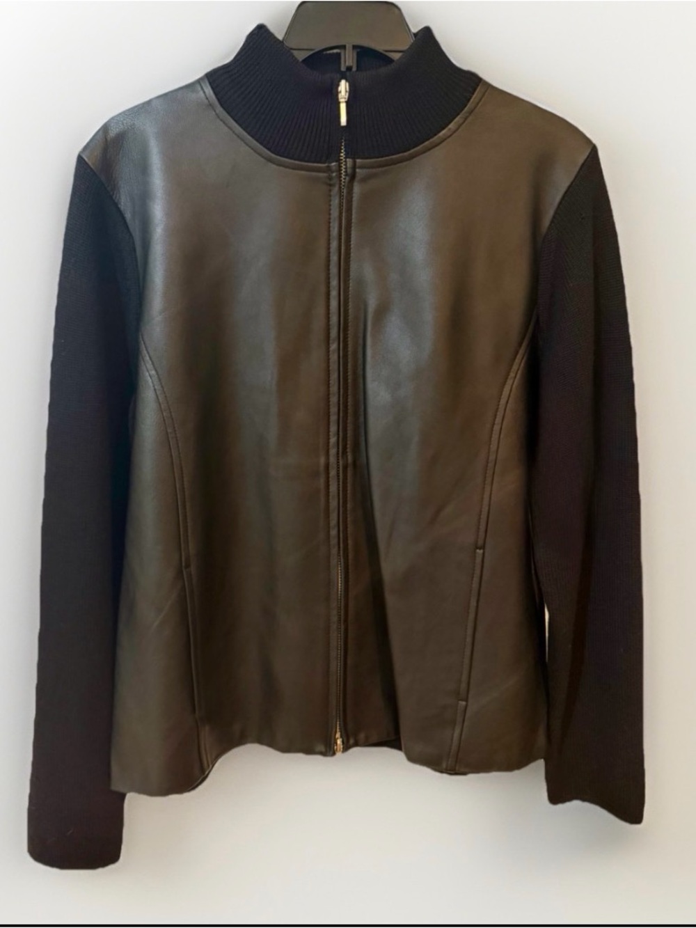 Vtg 90s Pendleton Full Zip Sweater Jacket Womens L Black Leather Merino Wool - Picture 1 of 15